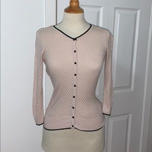 Lacy knitted cardigan. Cream/black trim. Sz XS